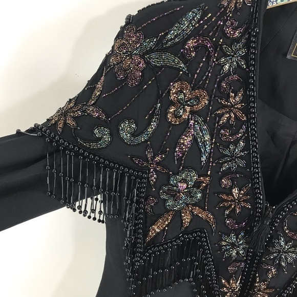 CASADEI Vintage Black Beaded Floral Fringe Cocktail Blazer Jacket Skirt Suit Set - Picture 8 of 16